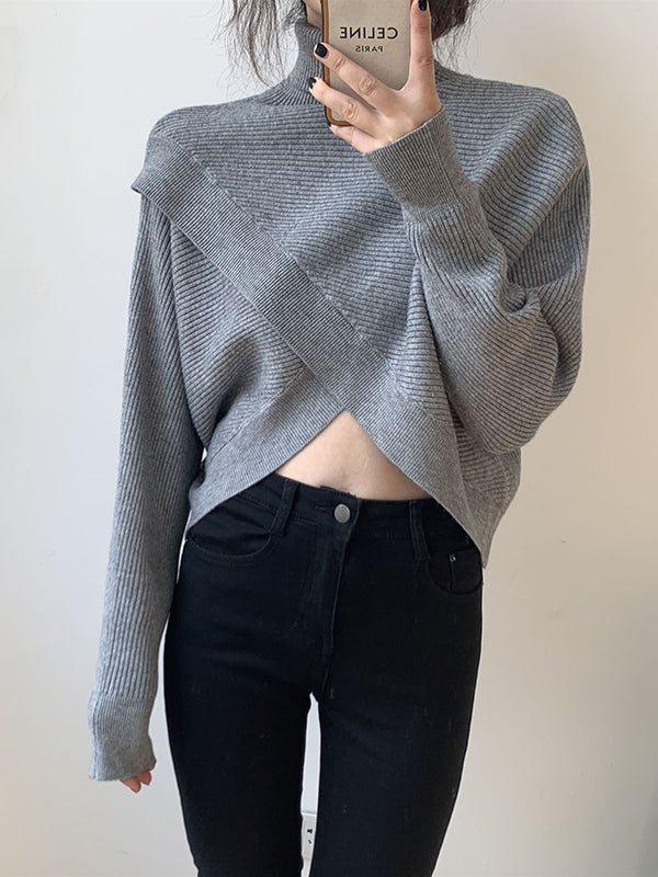 Long Sleeves Asymmetric Solid Color Split-Front High-Neck Knitwear Pullovers Sweater