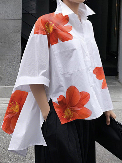 Half Sleeves High-Low Buttoned Flower Print Pockets Split-Side Stand Collar Blouses&Shirts Tops