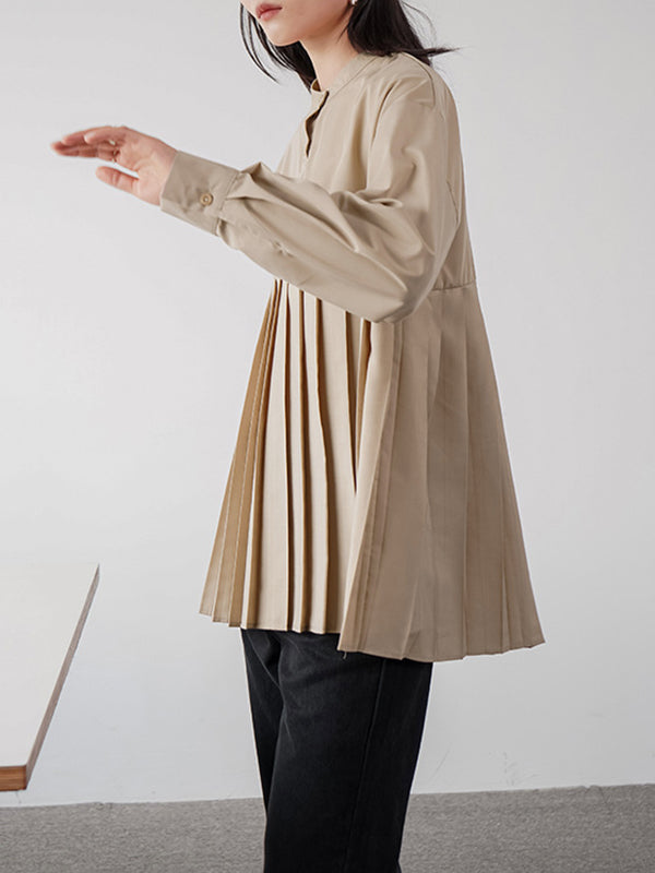 Long Sleeves Loose Buttoned Pleated Solid Color Round-Neck Blouses&Shirts Tops