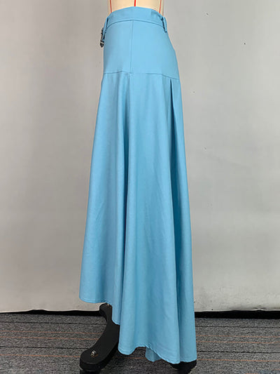 High Waisted High-Low Belted Pleated Solid Color Skirts Bottoms