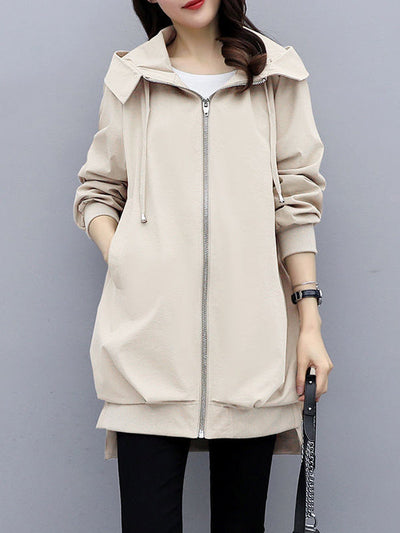 Casual Loose 4 Colors Pleated Zipper Hooded Long Sleeves Outwear