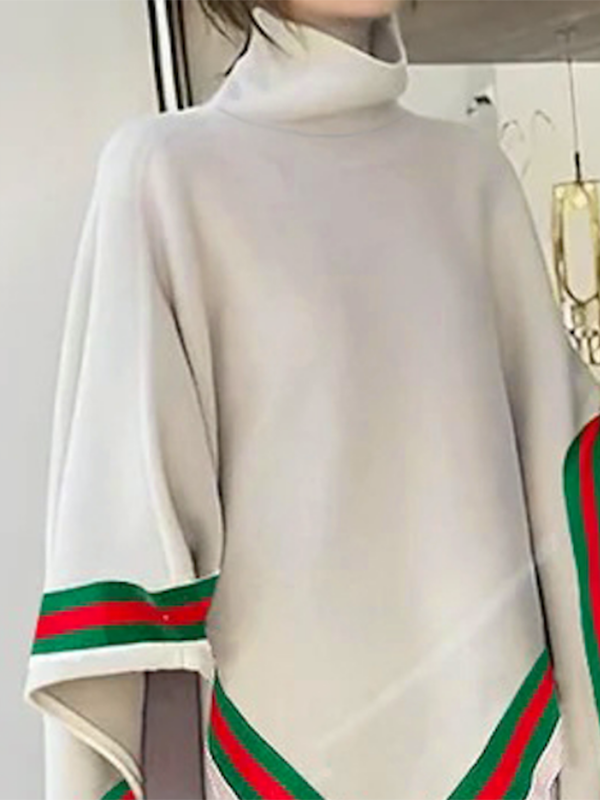 Irregular Clipping Loose Asymmetric Striped High Neck Sweater Tops