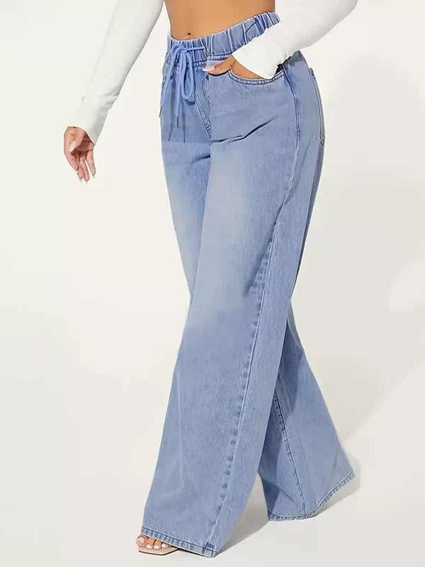 High Waisted Loose Drawstring Elasticity Split-Joint Jean Pants Bottoms