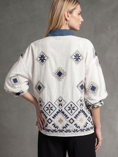 Half Sleeves Loose Buttoned Contrast Color Embroidered Leaves Print Lapel Blouses&Shirts Tops