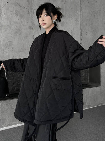 Long Sleeves Loose Plaid Quilted Solid Color Split-Joint Tied Collarless Outerwear Padded Coat