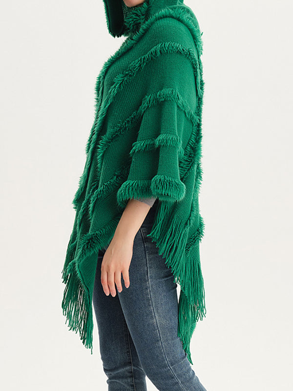 Hooded Keep Warm Solid Color Tasseled Cape Shawl&Cloak