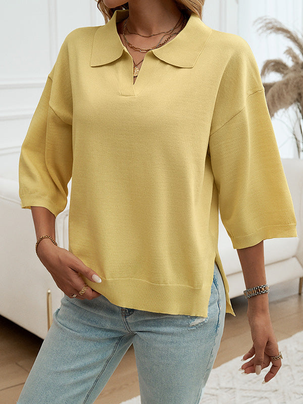 Half Sleeves Loose Solid Color Lapel Blouses&Shirts Tops Sweater Tops