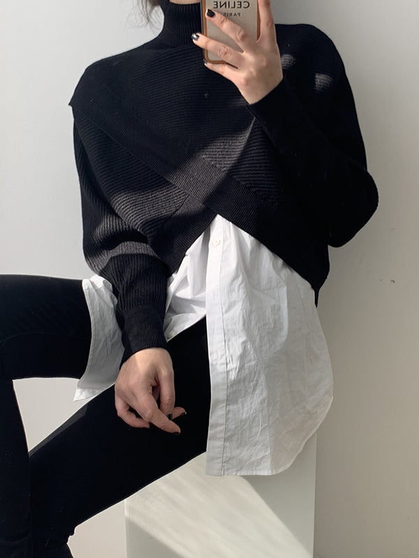 Long Sleeves Asymmetric Solid Color Split-Front High-Neck Knitwear Pullovers Sweater