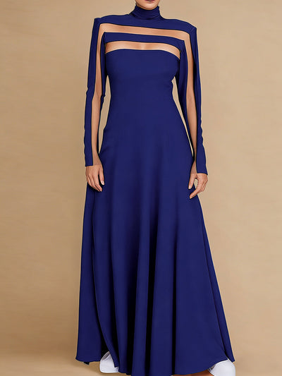 A-Line Long Sleeves Split-Joint High Neck Maxi Dresses