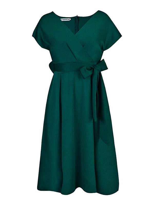 Bowknot Lace-Up Solid Color V-Neck Midi Dresses