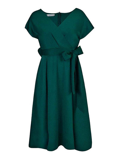 Bowknot Lace-Up Solid Color V-Neck Midi Dresses