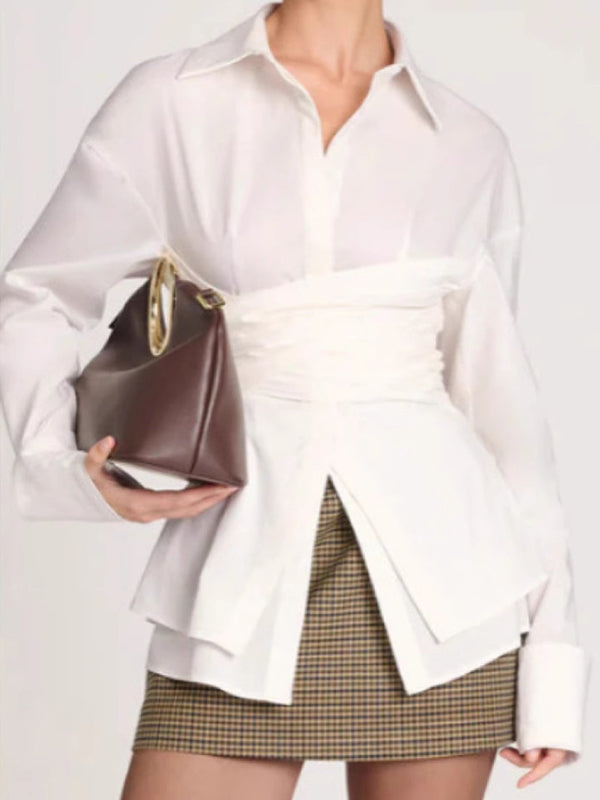 Long Sleeves Pleated Split-Joint Lapel Blouses&Shirts Tops