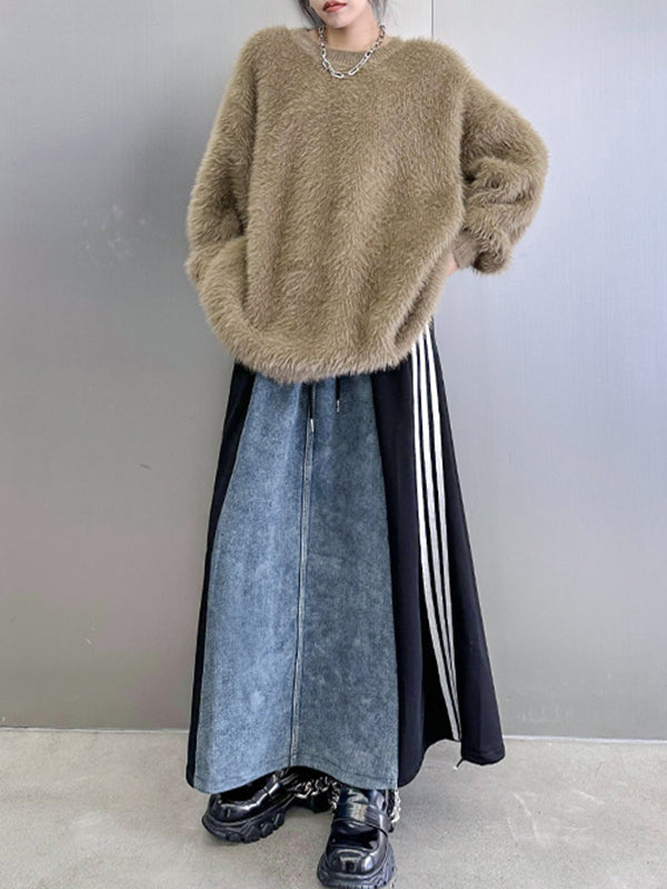 A-Line Loose Contrast Color Drawstring Split-Joint Striped Skirts Bottoms