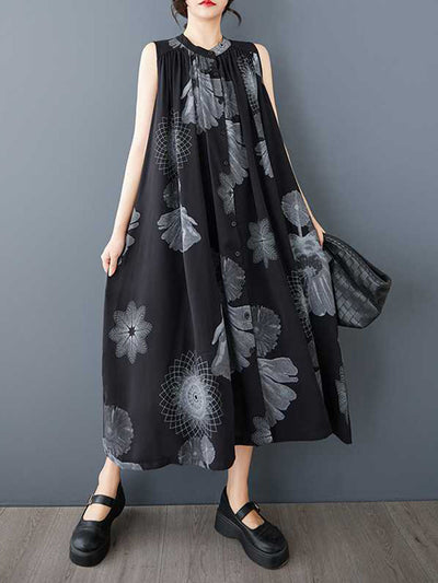 A-Line Loose Buttoned Flower Print Pleated Pockets Round-Neck Midi Dresses