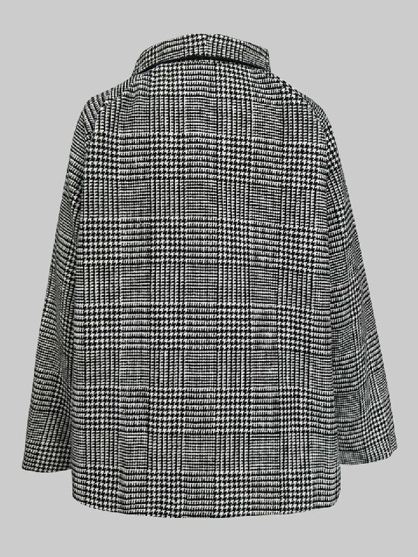 Long Sleeves Loose Asymmetric Houndstooth Plaid Stand Collar Jackets Outerwear