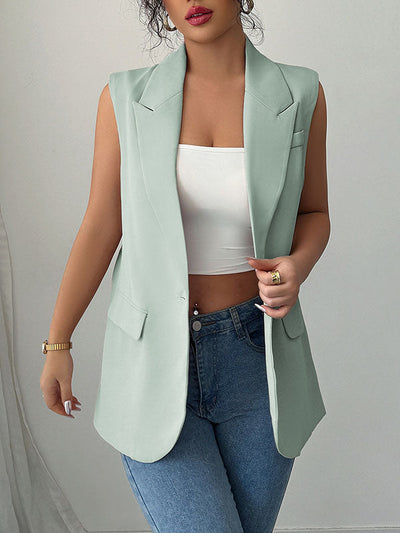 Loose Sleeveless Buttoned Pockets Notched Collar Blazer Vest Top