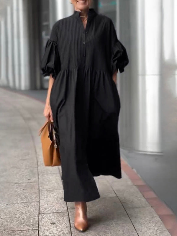 Half Sleeves Loose Buttoned Pleated Solid Color Tied Waist Stand Collar Maxi Dresses