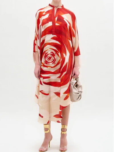 Half Sleeves Loose Flower Print Tied Round-Neck Midi Dresses