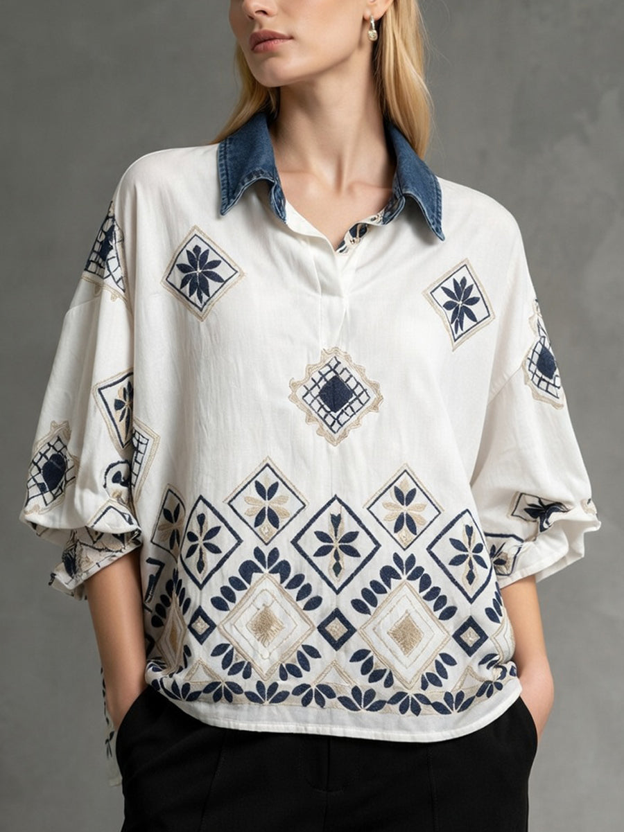Half Sleeves Loose Buttoned Contrast Color Embroidered Leaves Print Lapel Blouses&Shirts Tops