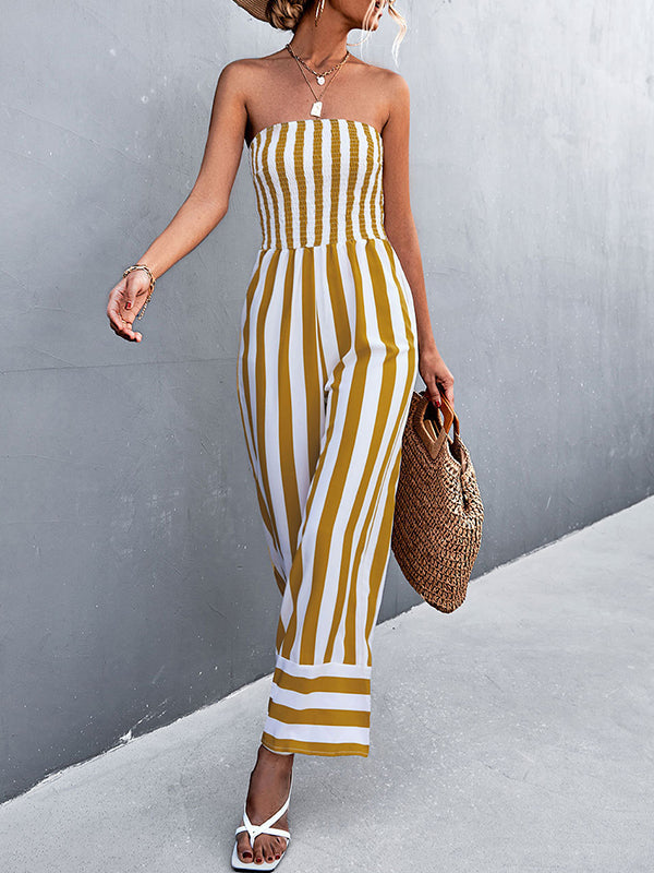 Loose Sleeveless Contrast Color Elasticity Striped Tube Jumpsuits