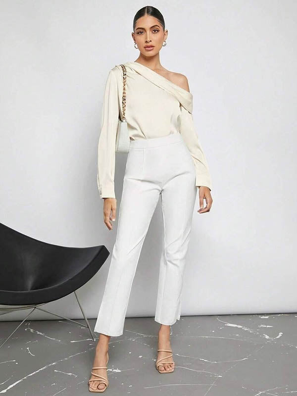 Long Sleeves Skinny Pleated Solid Color Split-Joint One-Shoulder Blouses&Shirts Tops