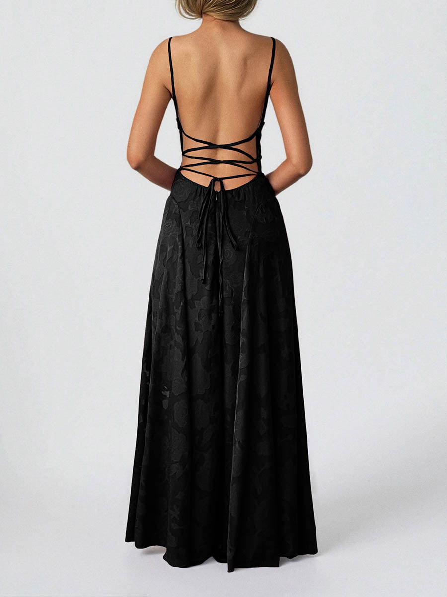A-Line High Waisted Jacquard Pleated Solid Color Spaghetti-Neck Maxi Dresses