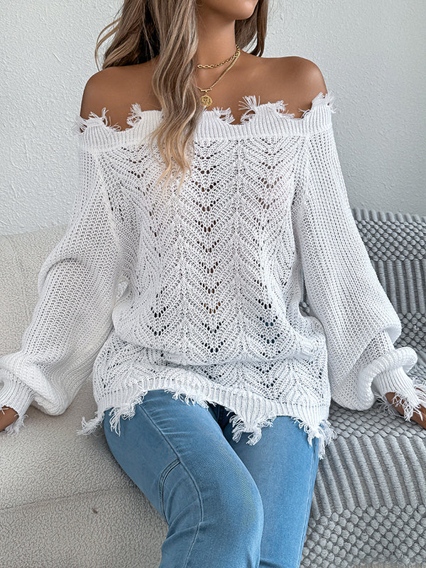 Long Sleeves Hollow Knitted Leaves Ribbed Knit See-Through Solid Color Off-The-Shoulder Sweater Tops
