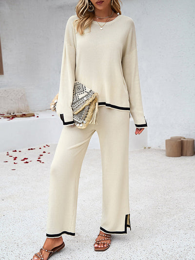 Long Sleeves Contrast Color Split-Joint Split-Side Round-Neck High-Low Sweater Tops +  Pants Bottom Two Pieces Set
