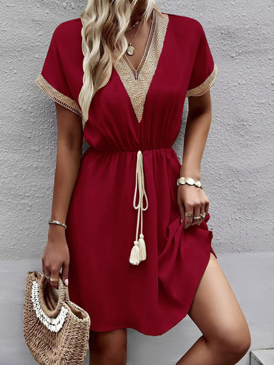 A-Line Elasticated Waist Contrast Color Drawstring Hollow Split-Joint Tasseled Tied V-Neck Mini Dresses