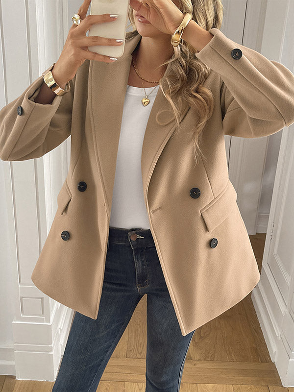 Long Sleeves Loose Buttoned Double-Breasted Solid Color Notched Collar Blazer Jackets&Coats Outerwear