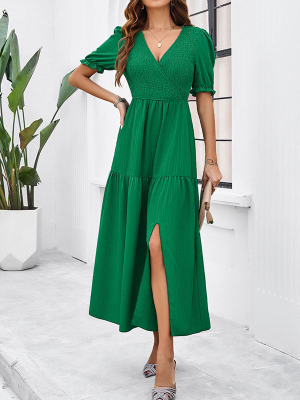 A-Line High Waisted Elasticity Pleated Solid Color Split-Joint V-Neck Midi Dresses