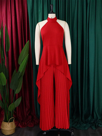 Loose Backless Lacy Solid Color Halter-Neck Vest Top + High-Low Pants Bottom Two Pieces Set