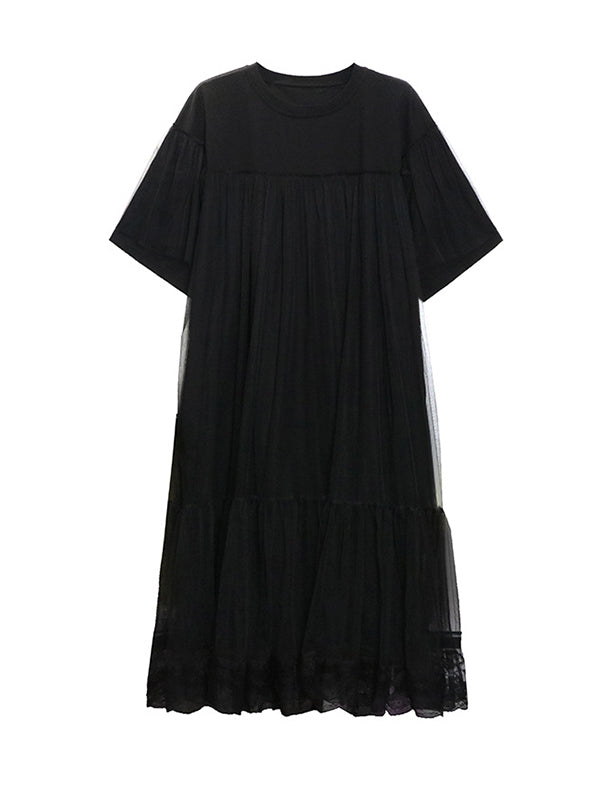 Fake Two-Piece Loose Gauze Pleated Solid Color Split-Joint Tiered Round-Neck Midi Dresses