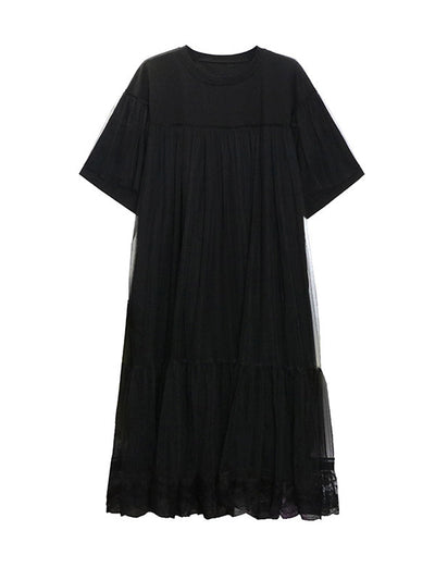 Fake Two-Piece Loose Gauze Pleated Solid Color Split-Joint Tiered Round-Neck Midi Dresses