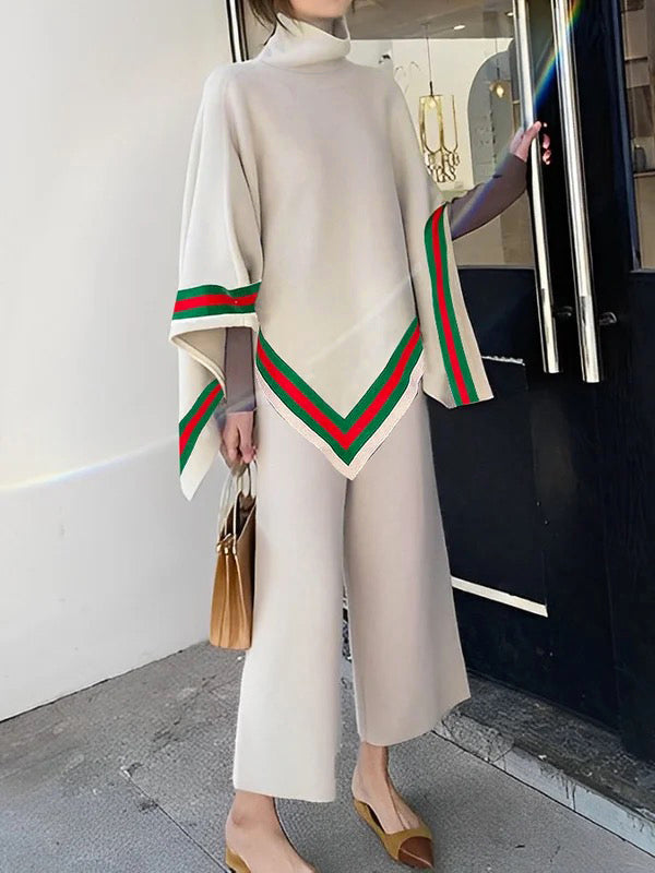 Irregular Clipping Loose Asymmetric Striped High Neck Sweater Tops