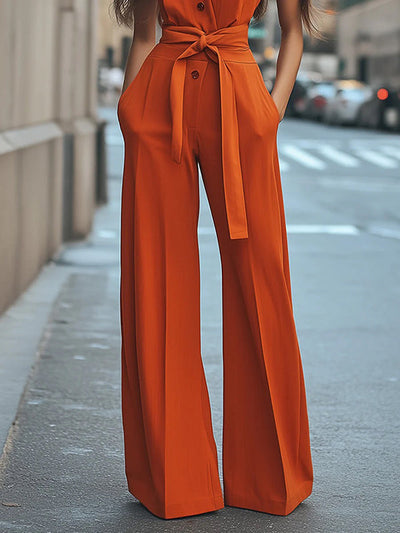 High Waisted Sleeveless Buttoned Pockets Tied Waist Lapel Jumpsuits