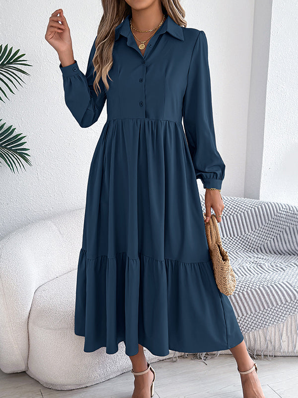 High Waisted Long Sleeves Pleated Ruffled Solid Color Lapel Midi Dresses Shirt Dress