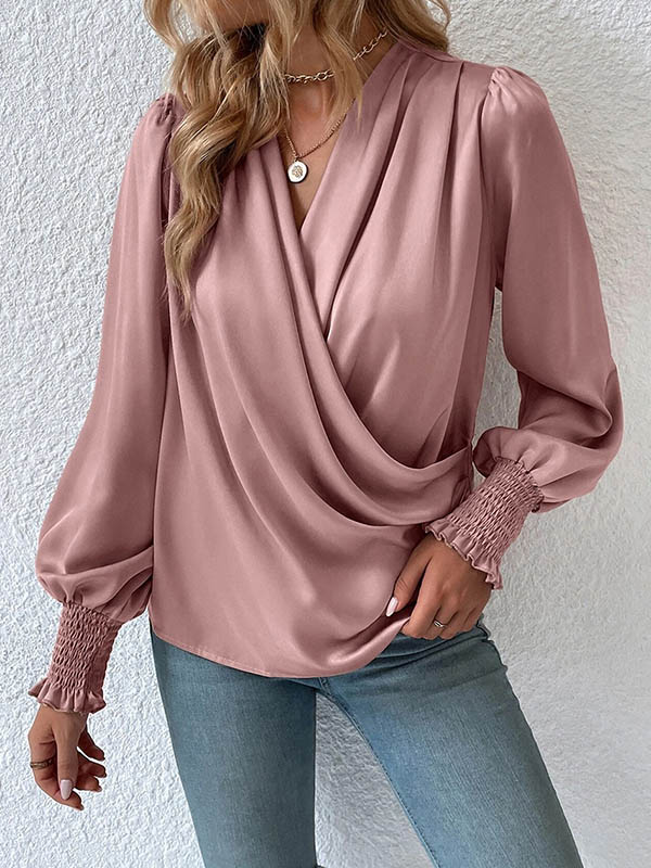 Long Sleeves Loose Elasticity Solid Color V-Neck Blouses&Shirts Tops