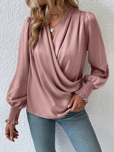 Long Sleeves Loose Elasticity Solid Color V-Neck Blouses&Shirts Tops