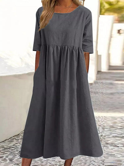 A-Line Half Sleeves Pleated Pockets Solid Color Round-Neck Midi Dresses