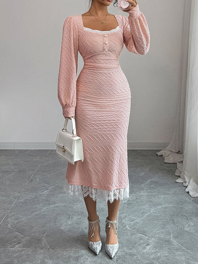 Bodycon High Waisted Lacy Pleated Solid Color Split-Joint Zipper Square-Neck Midi Dresses