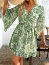 Flared Sleeves Half Sleeves Flower Print Ruffle Trim Split-Joint Tied Waist V-Neck Mini Dresses