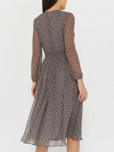A-Line High Waisted Polka-Dot Tied Waist Round-Neck Midi Dresses