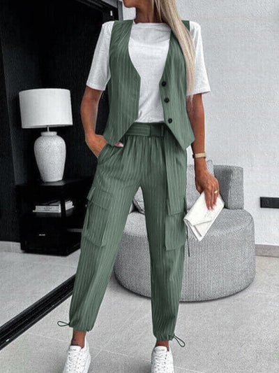 Loose Buttoned Striped V-Neck Vest Top + Drawstring Pockets Ninth Pants Pleated Pants Bottom Two Pieces Set