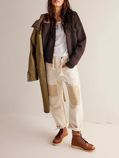 Long Sleeves Loose Buttoned Pockets Solid Color Split-Joint Stand Collar Cardigan Tops