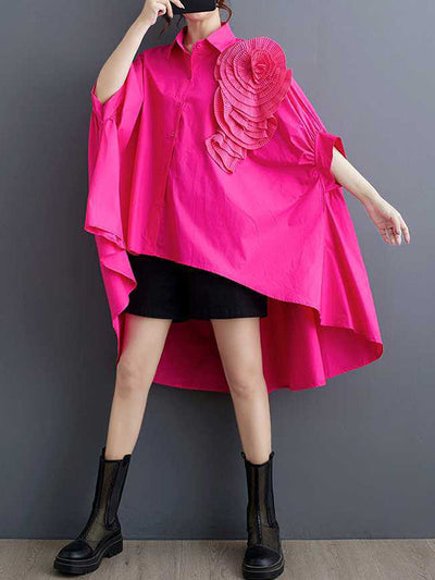 Batwing Sleeves Half Sleeves Asymmetric Buttoned Pleated Solid Color Three-Dimensional Flower Lapel Blouses&Shirts Tops