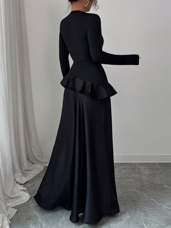 A-Line High Waisted Ruffle Trim Solid Color Split-Joint Round-Neck Maxi Dresses