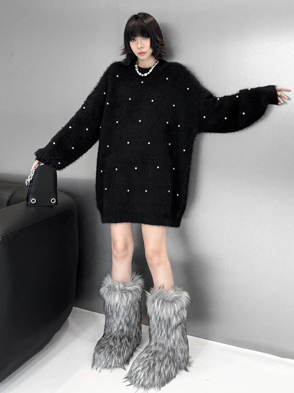 Long Sleeves Loose Beads Contrast Color Shiny Split-Joint Round-Neck Mini Dresses Sweater Dresses