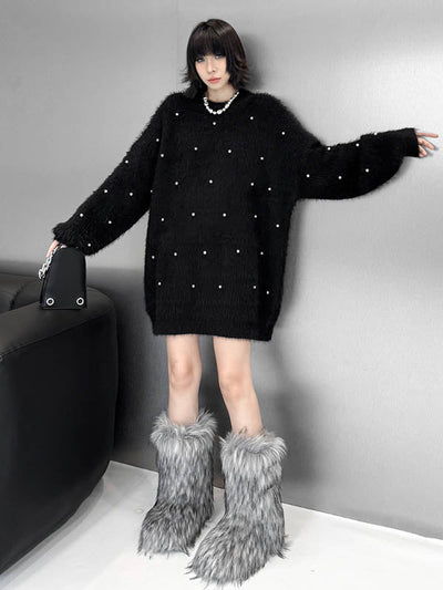 Long Sleeves Loose Beads Contrast Color Shiny Split-Joint Round-Neck Mini Dresses Sweater Dresses