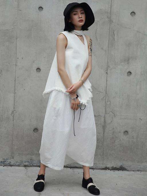 Loose White Linen Split-side Harem Pants